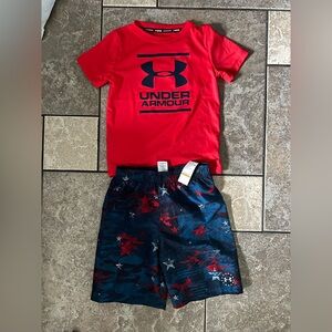 Under Armour Boys size 7 swim shirt and swim trunks set. Shorts are NWT